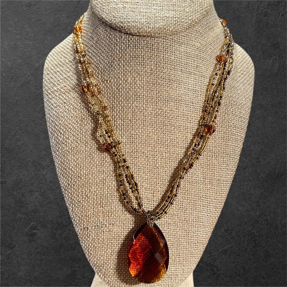 EsMor‎ Vintage Style Amber Glass Teardrop Pendant Necklace Multi Strand Beaded